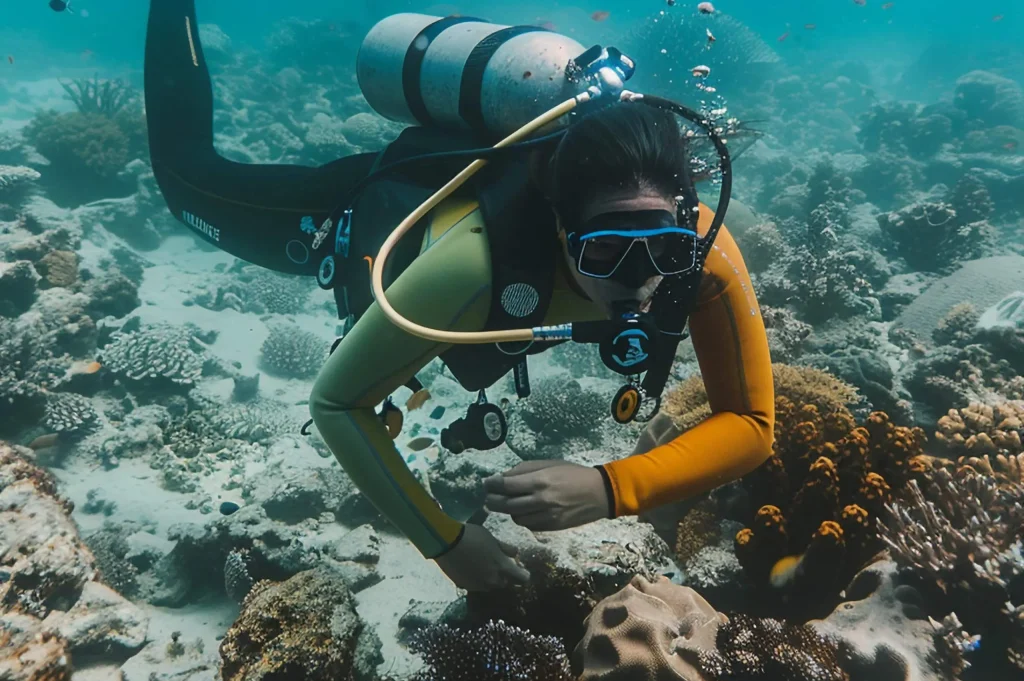 Equipo de buceo scuba profesional con regulador, BCD, ordenador de buceo, botella, traje, máscara, aletas e instrumentos de navegación.