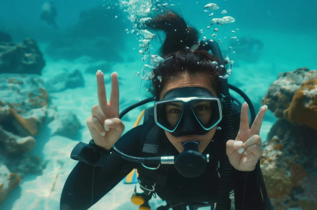 A diver demonstrating buoyancy control while diving in crystal-clear waters.